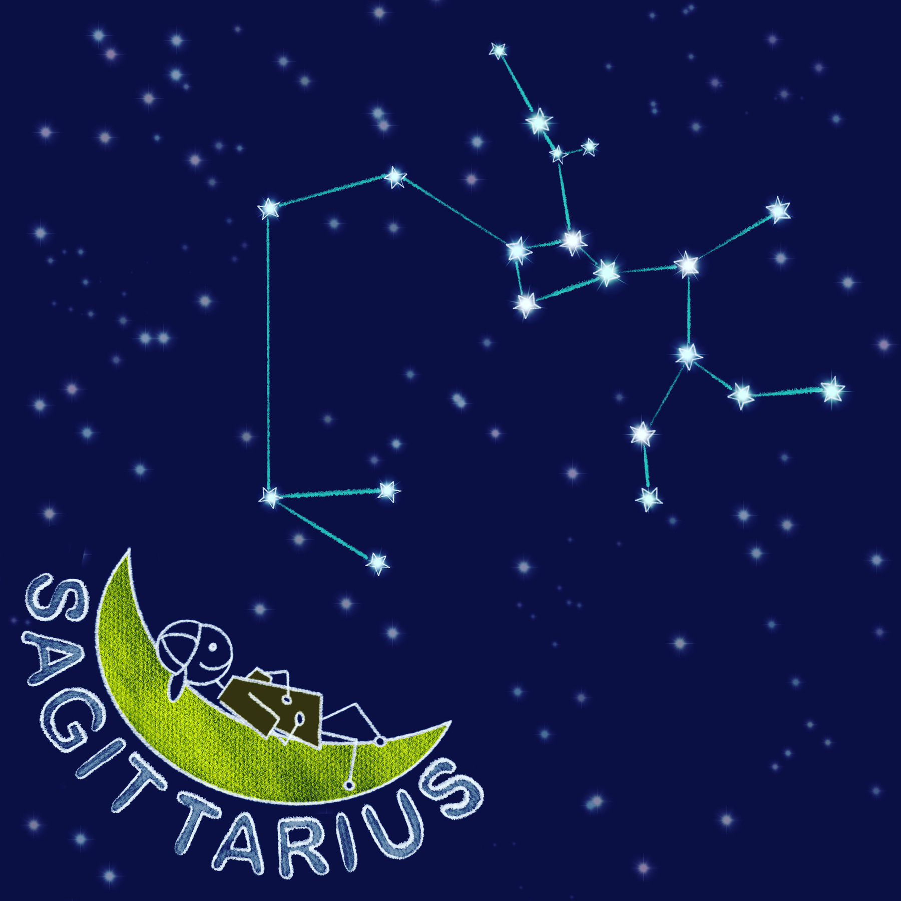 A stick figure is lying on a crescent moon and looking up at the Sagittarius consellation