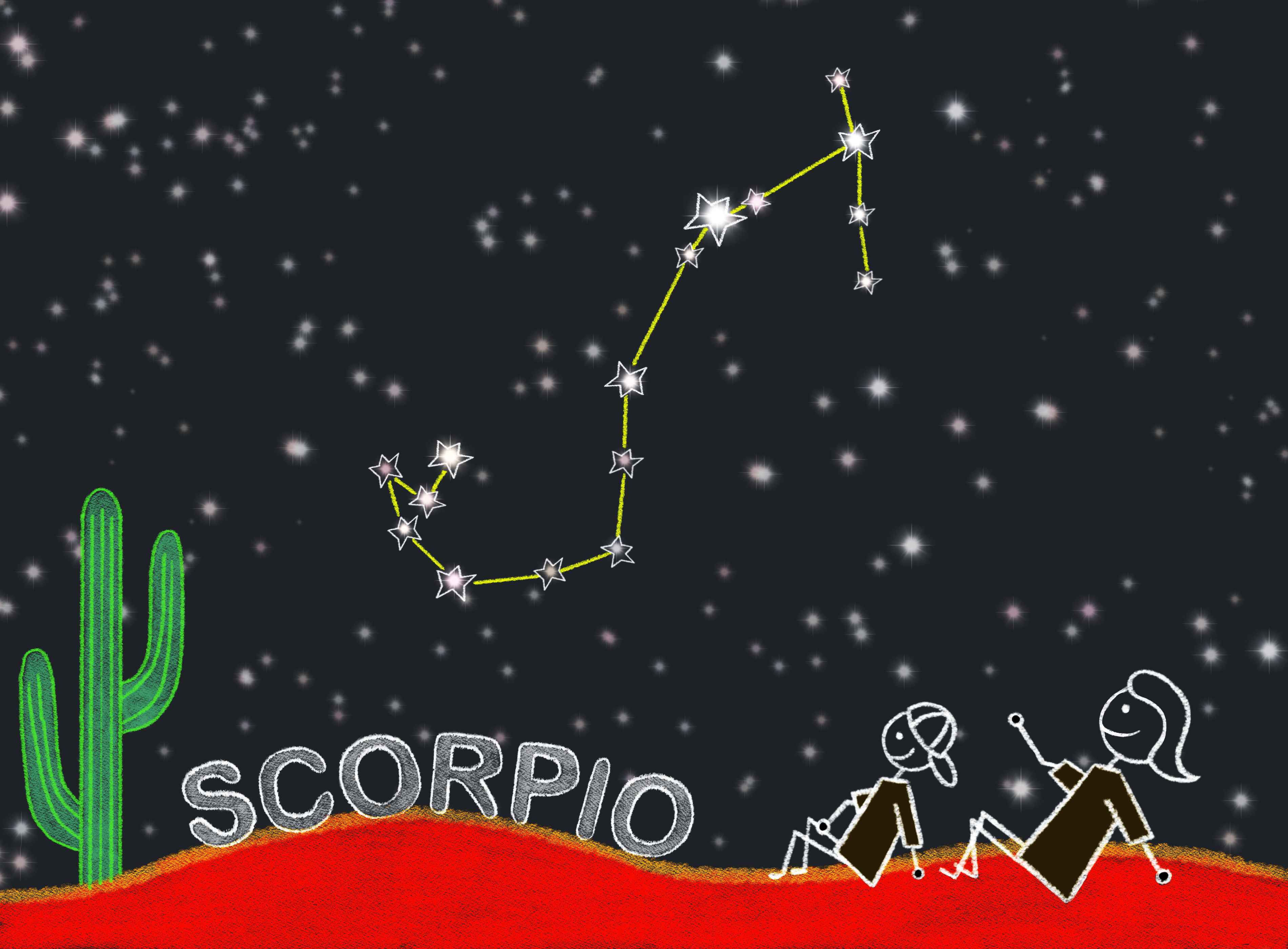 Two stick figures are sitting in the desert looking up at the Scorpio constellation